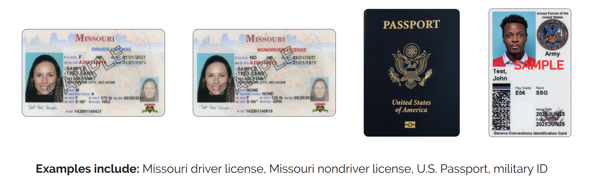 The following identification cards are acceptable for voting. A valid driver license, a valid non-driver license, a valid passport and a valid military identification card.