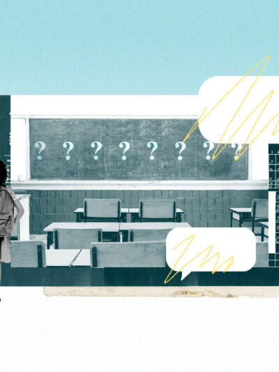 An image depicting a classroom, lightbulbs, thought bubbles, and a child with a backpack.