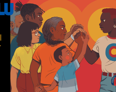 A black woman wearing a voter particpation sticker leading a multiracial group of people who are joining hands on her fist in a sign of empowerment.