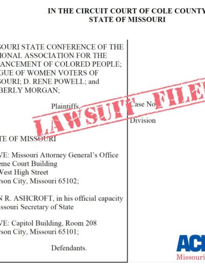 An image of a lawsuit petition with a stamp going across the middle that reads Lawsuit Filed. The American Civil Liberties Union of Missour's logo is in the lower right corner.