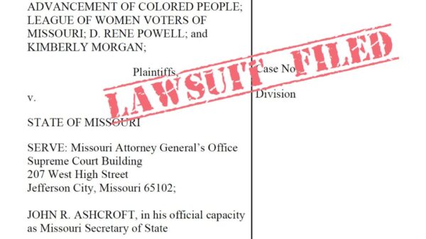 An image of a lawsuit petition with a stamp going across the middle that reads Lawsuit Filed. The American Civil Liberties Union of Missour's logo is in the lower right corner.