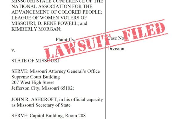An image of a lawsuit petition with a stamp going across the middle that reads Lawsuit Filed. The American Civil Liberties Union of Missour's logo is in the lower right corner.