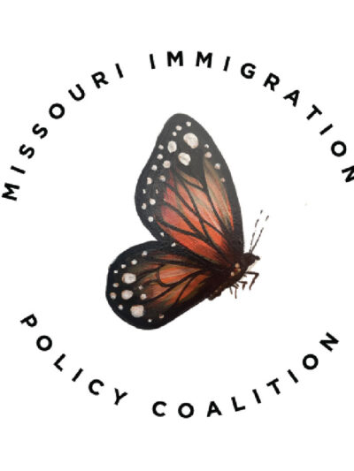 A logo of a monarch butterfly with the words Missouri Immigration Policy Coalition