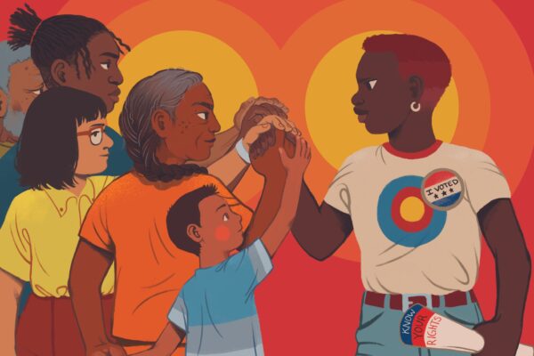 An illustration of a diverse group of people led by a black woman with a vote sticker on her shirt