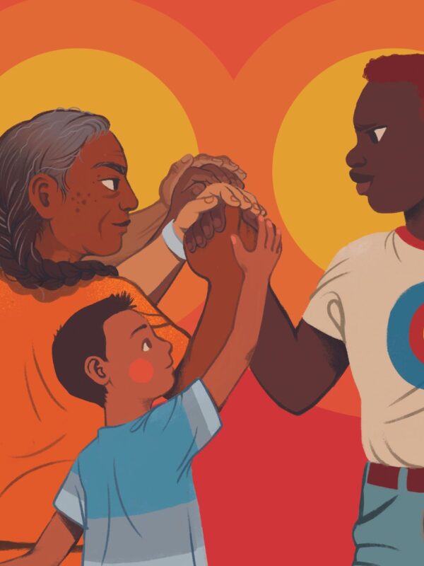 An illustration of a diverse group of people led by a black woman with a vote sticker on her shirt
