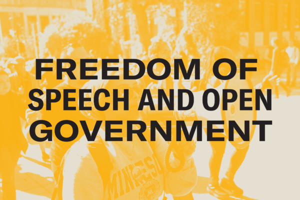 A picture of the people protesting on the street with the words Freedom of Speech and Open Government