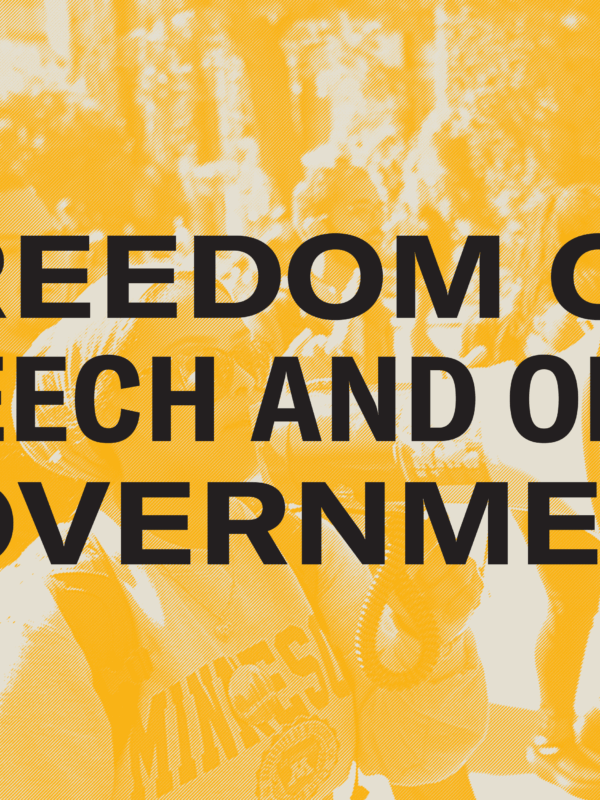 A picture of the people protesting on the street with the words Freedom of Speech and Open Government