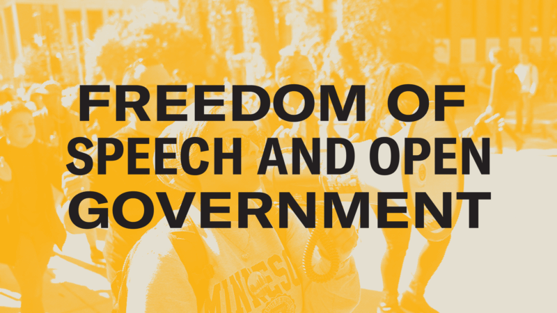 A picture of the people protesting on the street with the words Freedom of Speech and Open Government