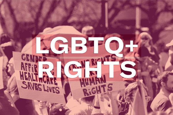 a crowd of people protesting in support of gender affirming healthcare with the words, LGBTQ+ Rights