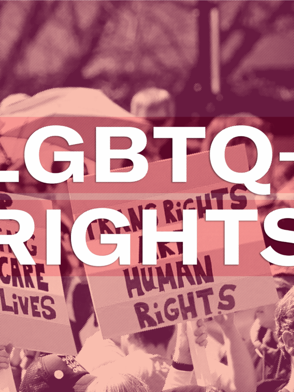 a crowd of people protesting in support of gender affirming healthcare with the words, LGBTQ+ Rights