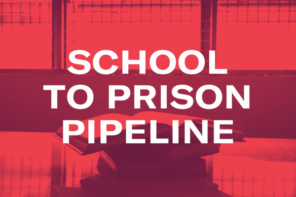 A picture of books behind bars with the words School to Prison Pipeline