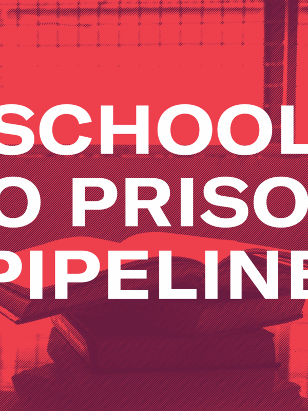 A picture of books behind bars with the words School to Prison Pipeline