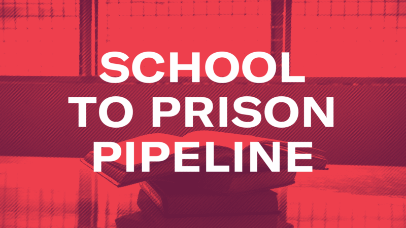 A picture of books behind bars with the words School to Prison Pipeline