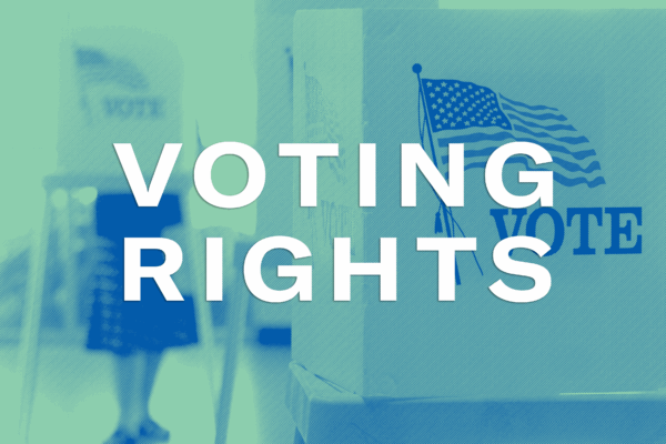 blue and light green image of voting ballots with words, voting rights