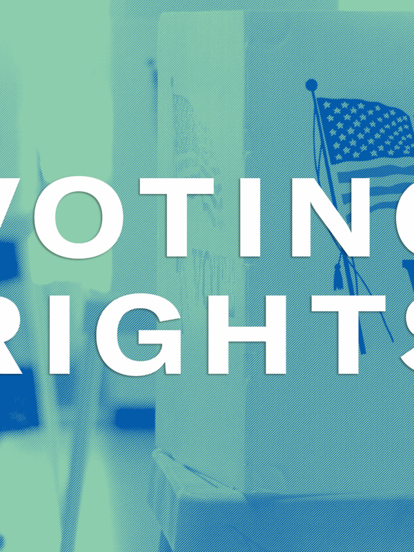 blue and light green image of voting ballots with words, voting rights