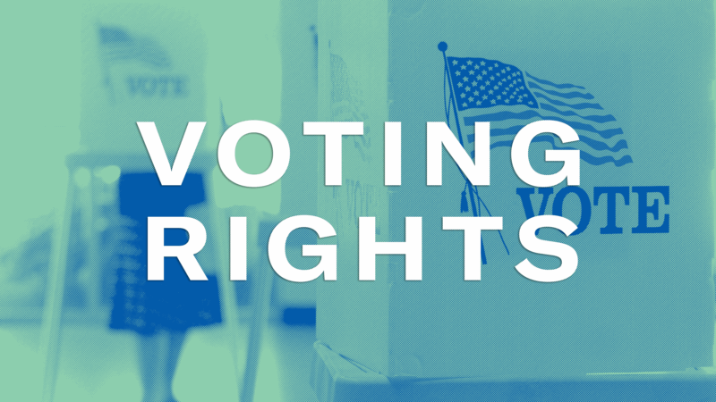 blue and light green image of voting ballots with words, voting rights