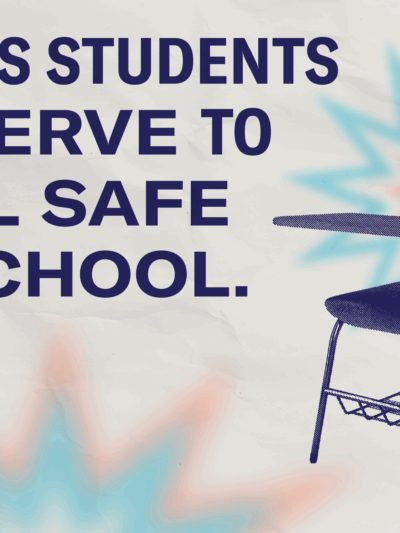 A school chair with the transgender colors of blue, white and pink beside text that reads Trans students deserve to feel safe in school.