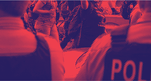 red and dark blue image, image of the backs of police facing distant protesters behind police cars