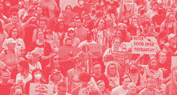 red and white image, large crowd of protestors in support of reproductive rights