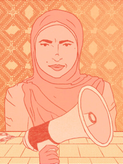 An illustration of a woman wearing a hijab in front of a megaphone.