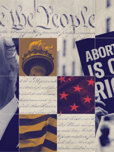 A graphic featuring Trump and imagery pertaining to reproductive rights.