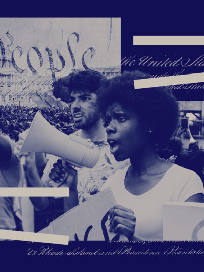 A graphic featuring a crowd of people demonstrating and the Preamble to the United States Constitution.