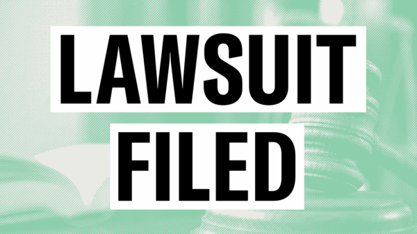 "Lawsuit Filed" over light green court image