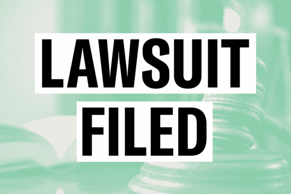 "Lawsuit Filed" over light green court image