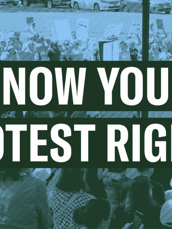 the words "Know Your Protest Rights" over a picture of demonstrators
