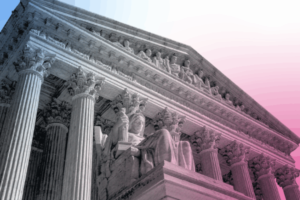 an image of the US Supreme Court Building with a transparent gradient of the Trans Flag