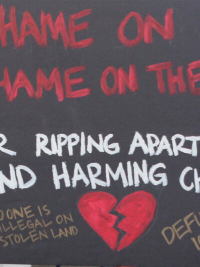 A demonstrator protests ICE and the Trump Administration policy of separating migrant families by holding up a sign (written in red ink on a black background with an illustrated broken red heart at the bottom) that reads, "SHAME ON ICE SHAME ON THE USA...