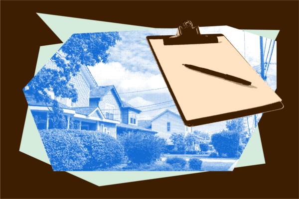 An image of a neighborhood and a clipboard that represents someone gathering census data