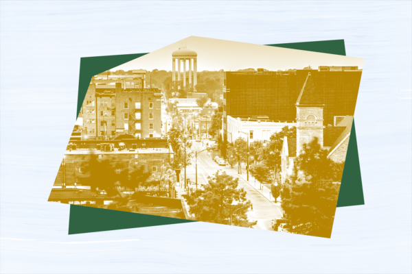 Image of downtown Columbia, MO with other decorative elements