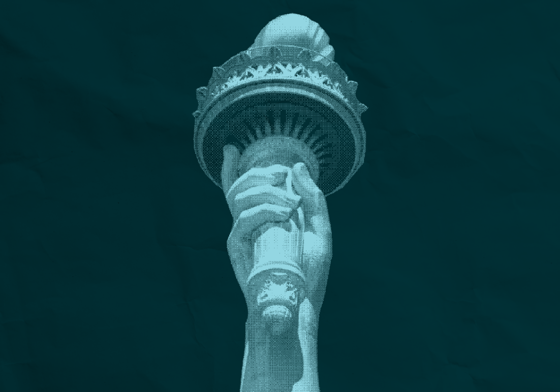 light blue and dark green picture of statue of liberty hand with torch