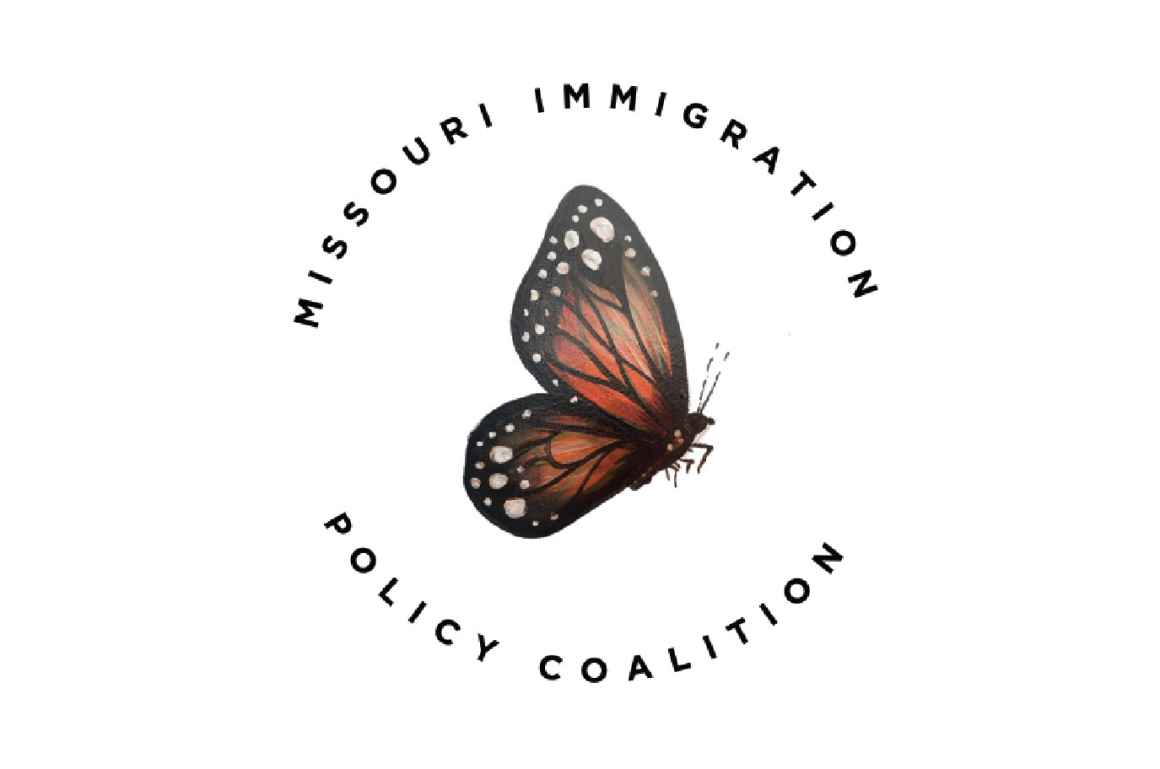 A logo of a monarch butterfly with the words Missouri Immigration Policy Coalition 