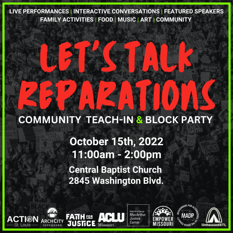 an image advertising an event to discuss reparations for Black people who live in St. Louis taking place on October 15th at 11 a.m. at the Central Bapist Church at 2845 Washington Blvd