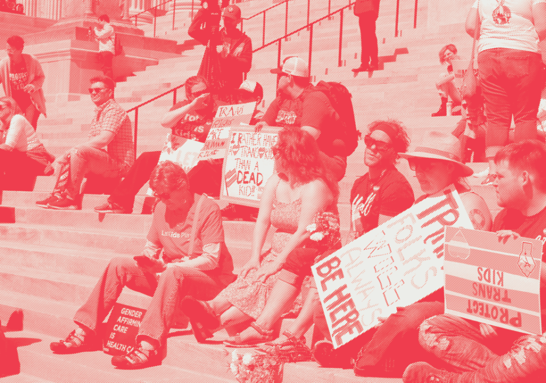 red and white image, people sitting on Missouri capital steps in support of gender affirming care