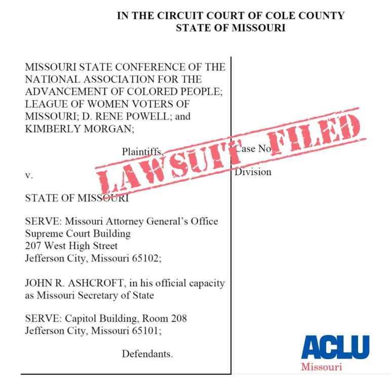 An image of a lawsuit petition with a stamp going across the middle that reads Lawsuit Filed. The American Civil Liberties Union of Missour's logo is in the lower right corner. 