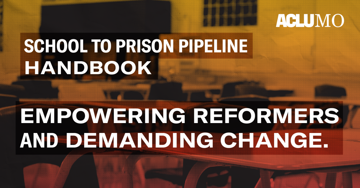 school to prison pipeline handbook, empowering reformers and demanding change, black and orange-red picture of a classroom with white text