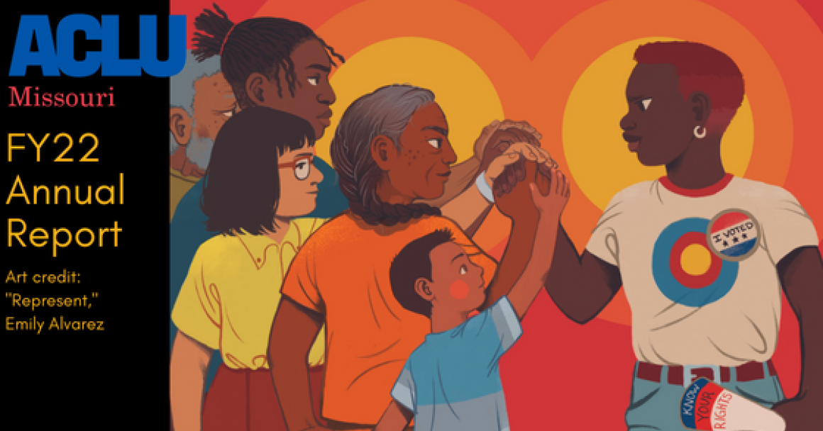 A black woman wearing a voter particpation sticker leading a multiracial group of people who are joining hands on her fist in a sign of empowerment. 