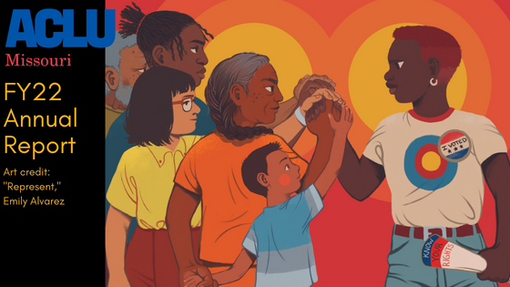 A black woman wearing a voter particpation sticker leading a multiracial group of people who are joining hands on her fist in a sign of empowerment. 