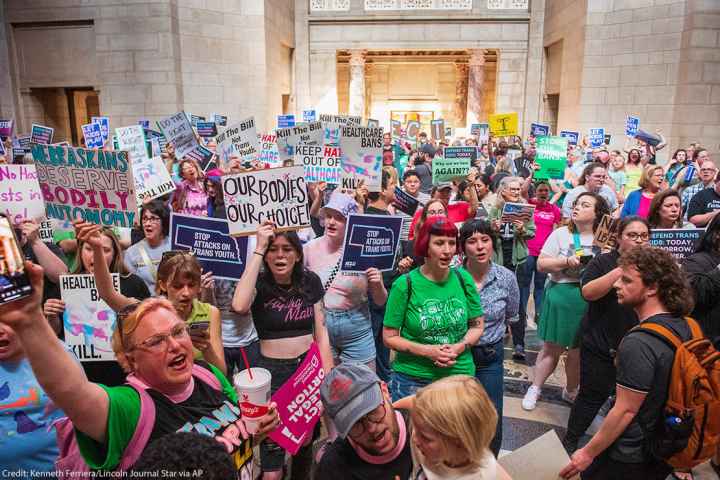 Protesters advocating reproductive rights gather at the State Capitol in Lincoln, Nebraska.