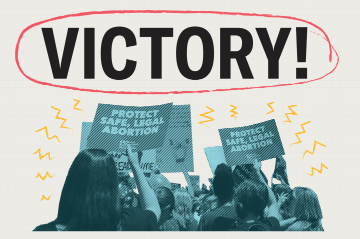 Protestors holding pro reproductive freedom signs under the word Victory!