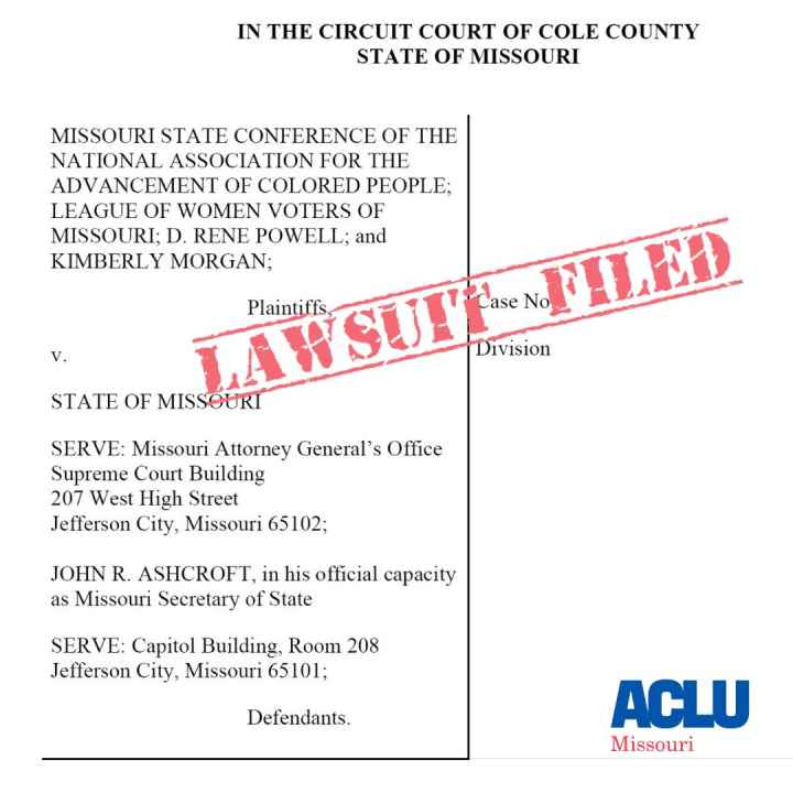 An image of a lawsuit petition with a stamp going across the middle that reads Lawsuit Filed. The American Civil Liberties Union of Missour's logo is in the lower right corner. 