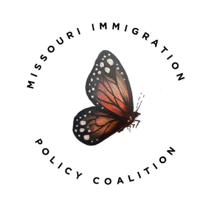 A logo of a monarch butterfly with the words Missouri Immigration Policy Coalition 