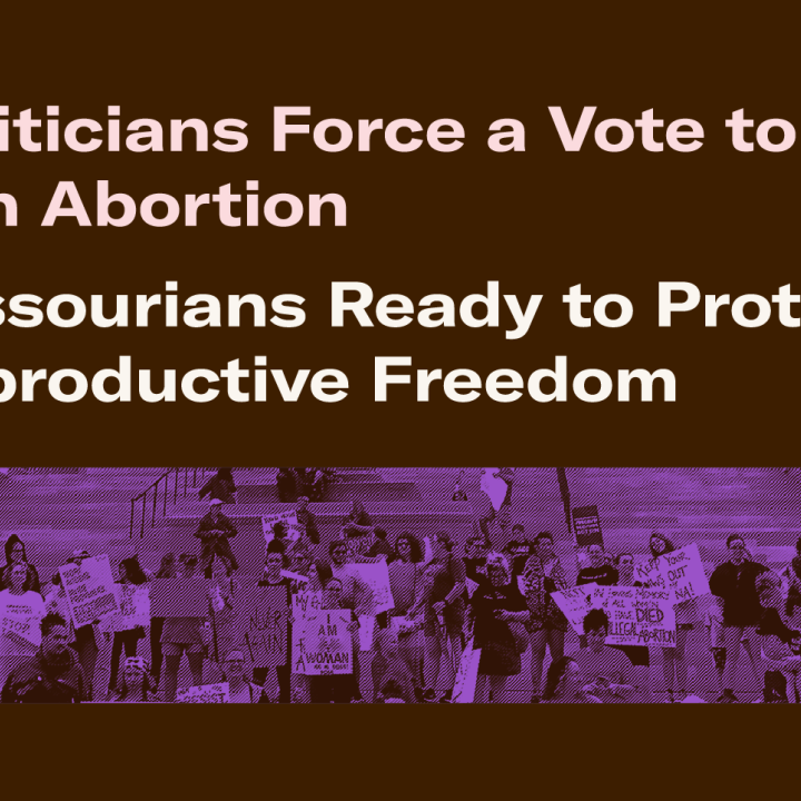 A landscape image of people protesting on the capitol steps with the text "Politicians force a vote to ban abortion; Missourians ready to protect reproductive freedom"