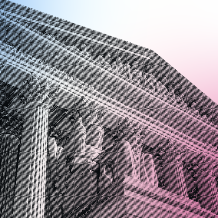 an image of the US Supreme Court Building with a transparent gradient of the Trans Flag