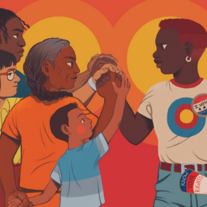 A black woman wearing a voter particpation sticker leading a multiracial group of people who are joining hands on her fist in a sign of empowerment. 