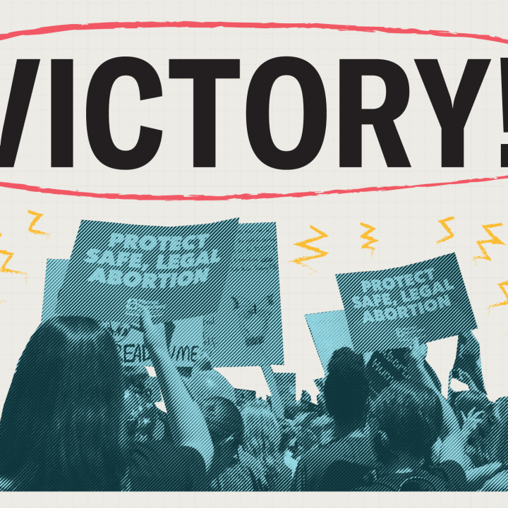 Protestors holding pro reproductive freedom signs under the word Victory!