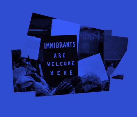 A collage of images pertaining to immigration.